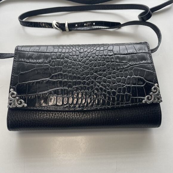 Brighton Handbags - BRIGHTON Black Leather Organizer Wallet Crossbody Croc-embossed Elegant Western